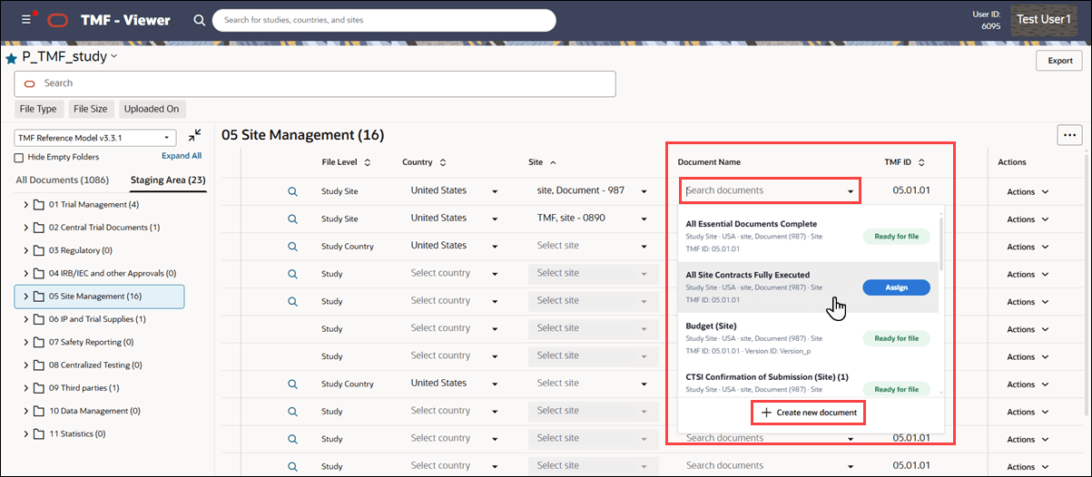 Document Name column showing one document available for selection and + Create new document option Document Name column showing one document available for selection and + Create new document option
