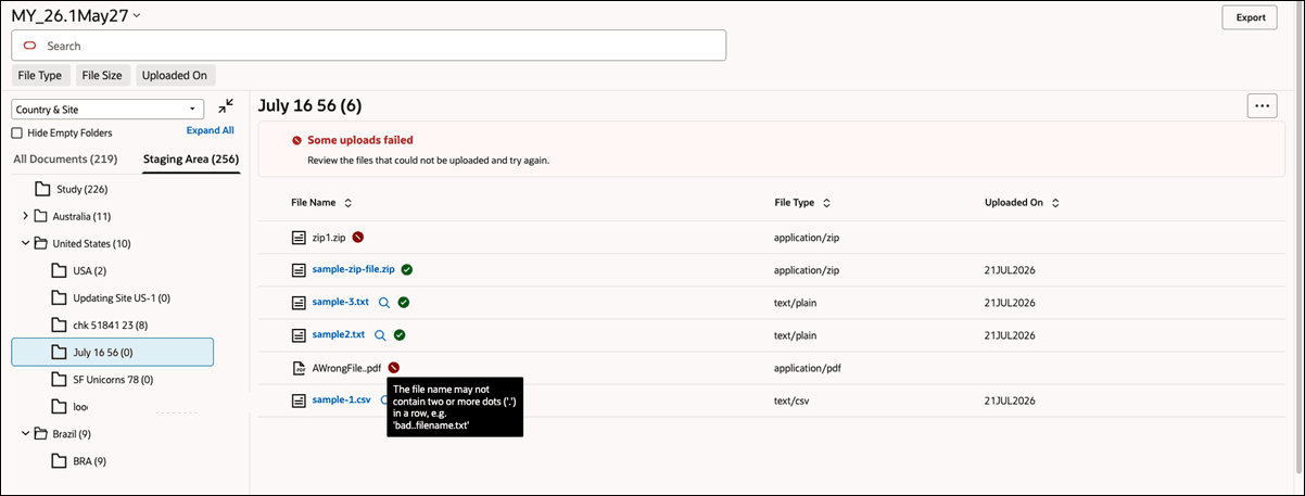 After uploading files to a folder the list displays success and failure icons and tooltip reasons for failures if applicable After uploading files to a folder the list displays success and failure icons and tooltip reasons for failures if applicable