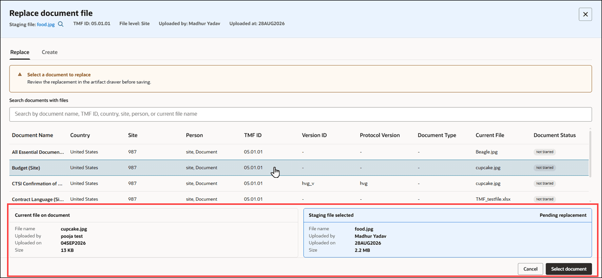 Replace document file modal shows current file and staging file details with and active Select document action button Replace document file modal shows current file and staging file details with and active Select document action button