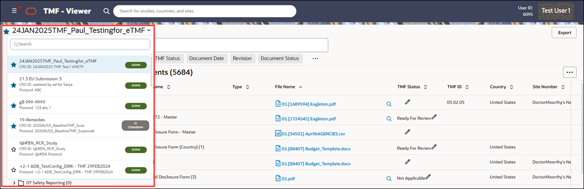 TMF Viewer study selector showing several favorited studies sorted to the top of the list TMF Viewer study selector showing several favorited studies sorted to the top of the list