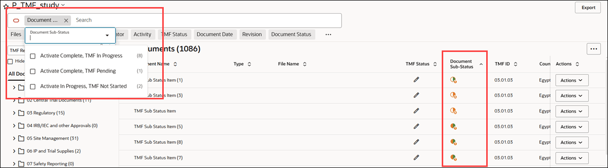 TMF Viewer All Documents view with Document Sub-Status column in document grid and Document Sub-Status filter shown in Smart Search