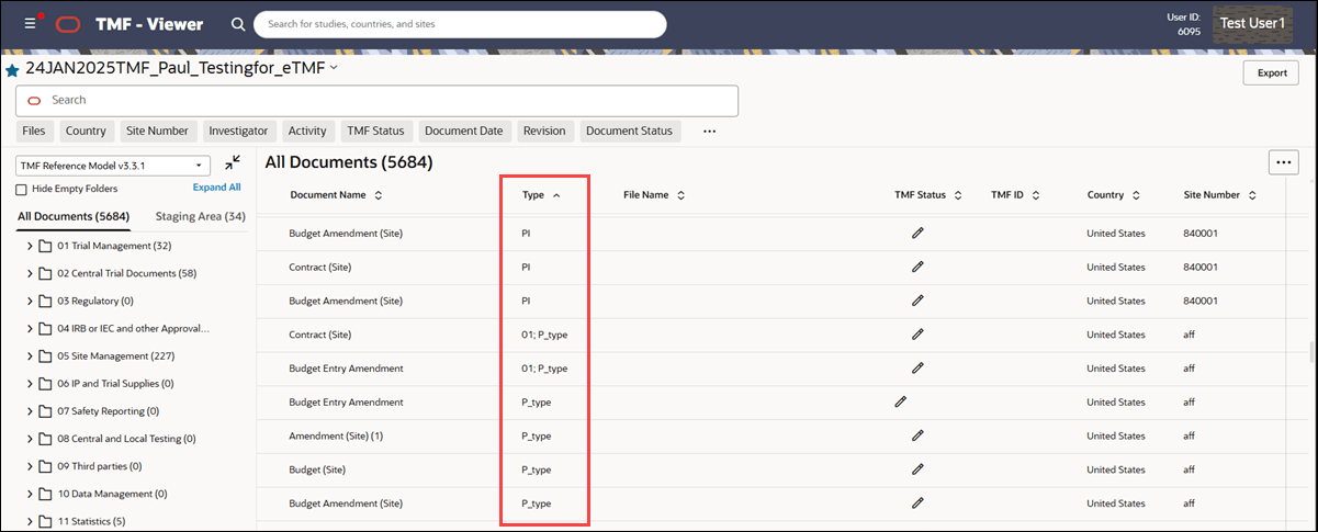 TMF Viewer All Documents view showing Type column to the right of the Document Name column TMF Viewer All Documents view showing Type column to the right of the Document Name column