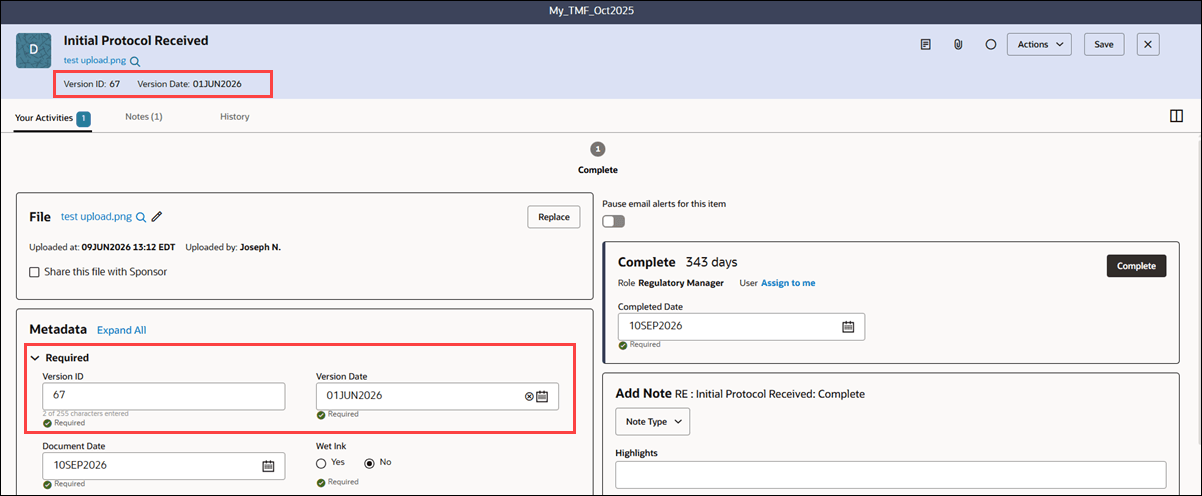 Example Version Date field in Artifact drawer