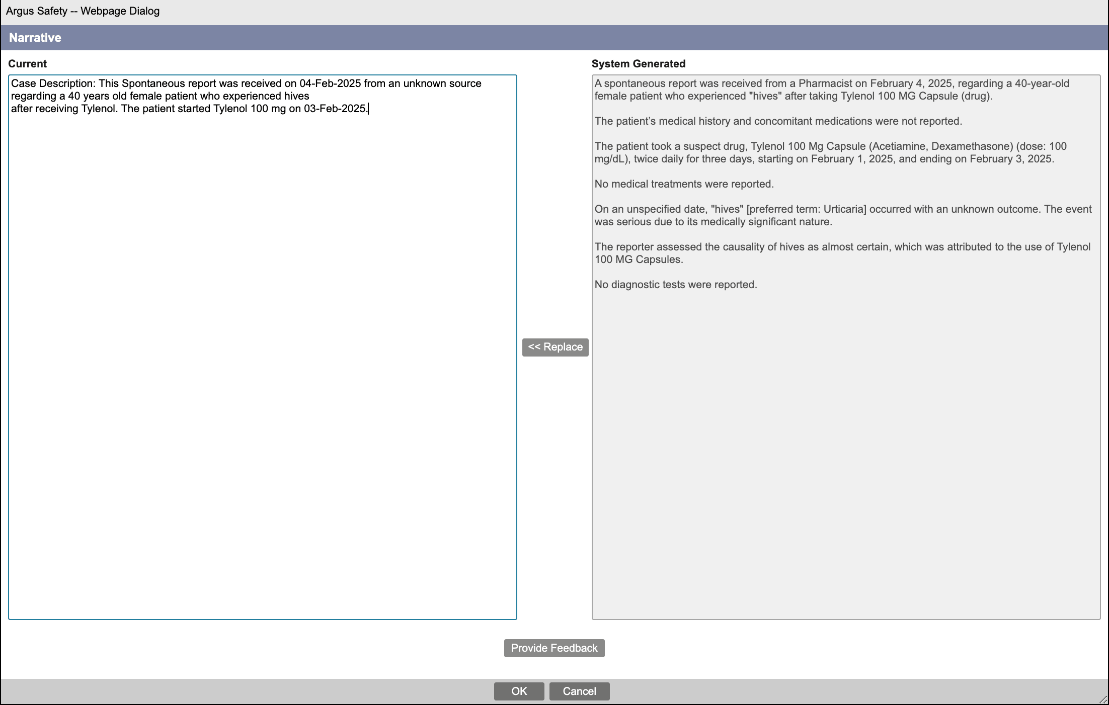 Comparison of existing and system generated narrative