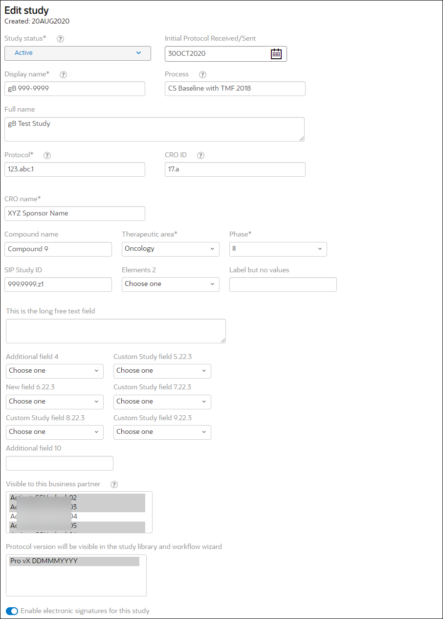 Add or edit study attributes like display name, protocol, compound, phase, and more