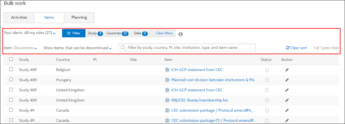 Bulk work Items tab provides multiple filters