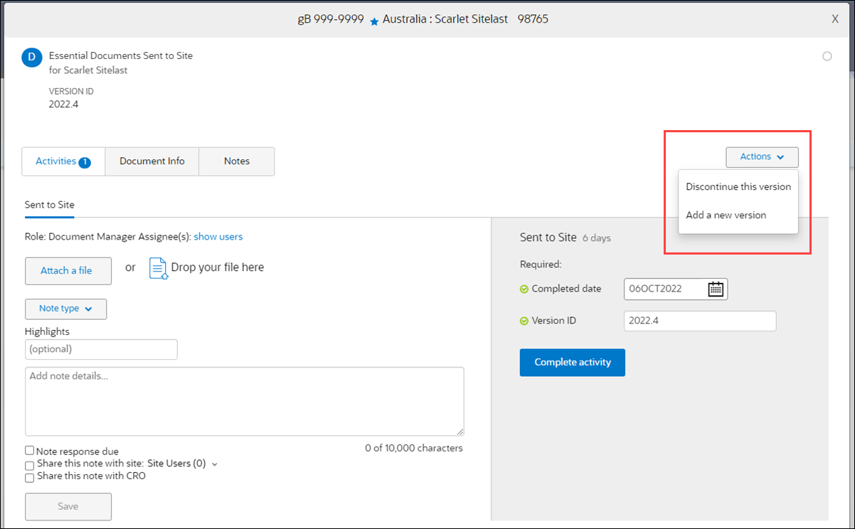 Document modal Actions menu includes discontinue and new version options