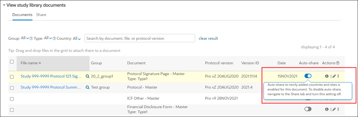 Documents tab with Auto-share tool tip text