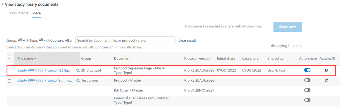 Share tab with example of auto-share enabled document