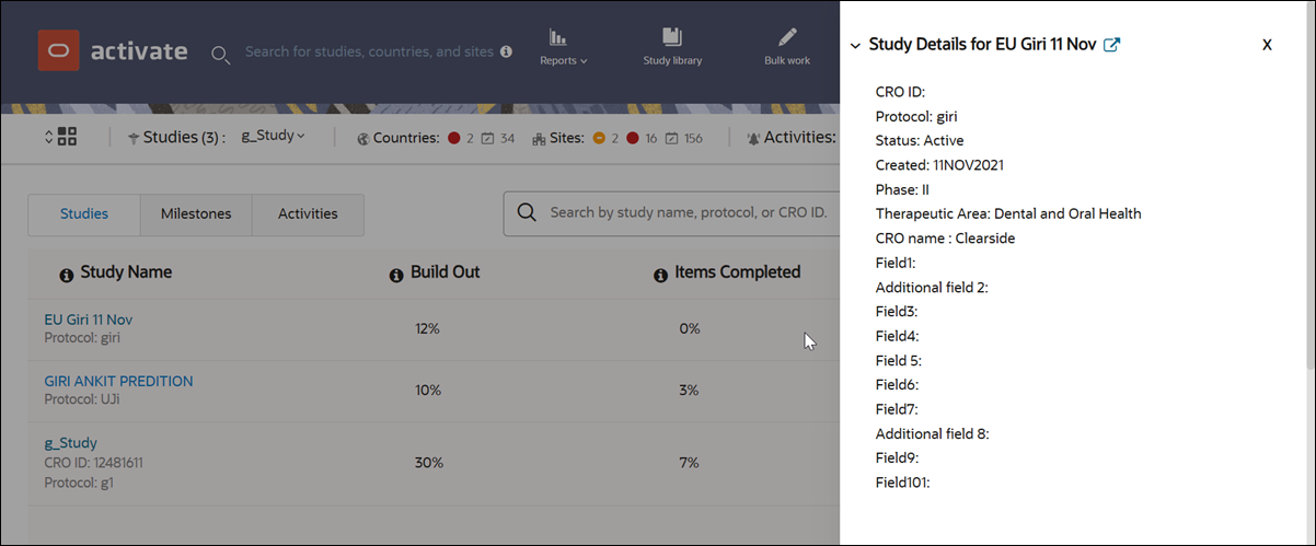 Studies tab with open Study Details drawer Studies tab with open Study Details drawer