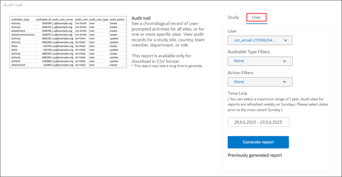 Audit trail page with new User tab Audit trail page with new User tab