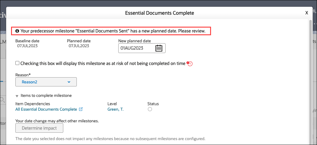 Planning tab milestone modal with new predecessor milestone update message Planning tab milestone modal with new predecessor milestone update message