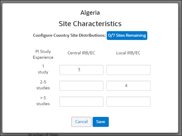 Define PI central and local IRB/EC experience in Site Characteristics modal