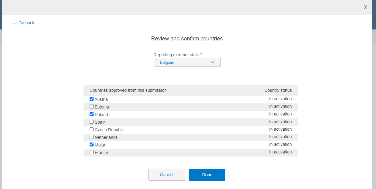 Review and confirm countries modal with Reporting member state drop-down list and check boxes for each country approved from the submission Review and confirm countries modal with Reporting member state drop-down list and check boxes for each country approved from the submission