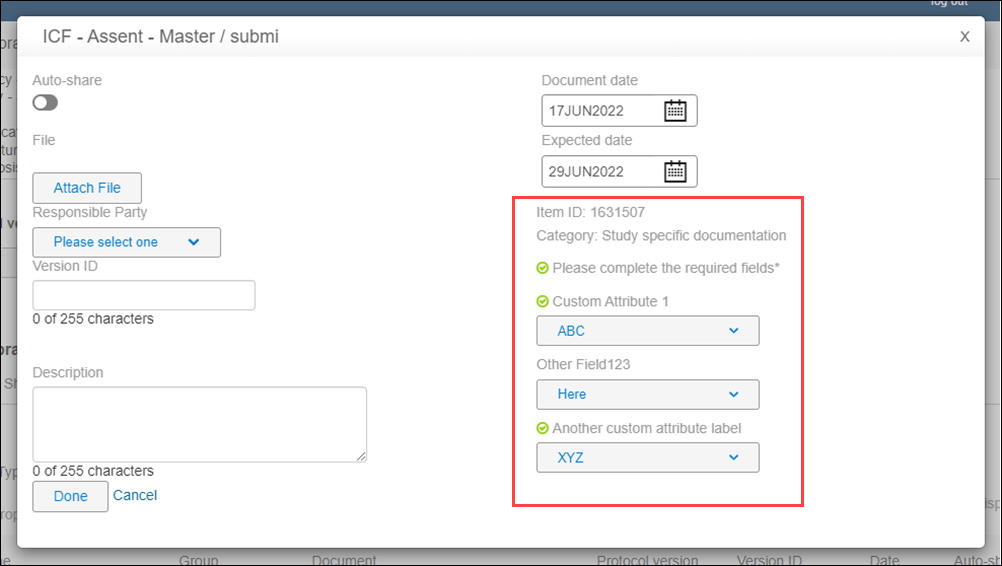 Custom eTMF attributes in edit document modal Custom eTMF attributes in edit document modal