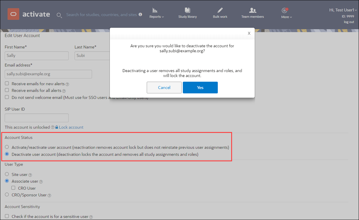 Acknowledge user account deactivation