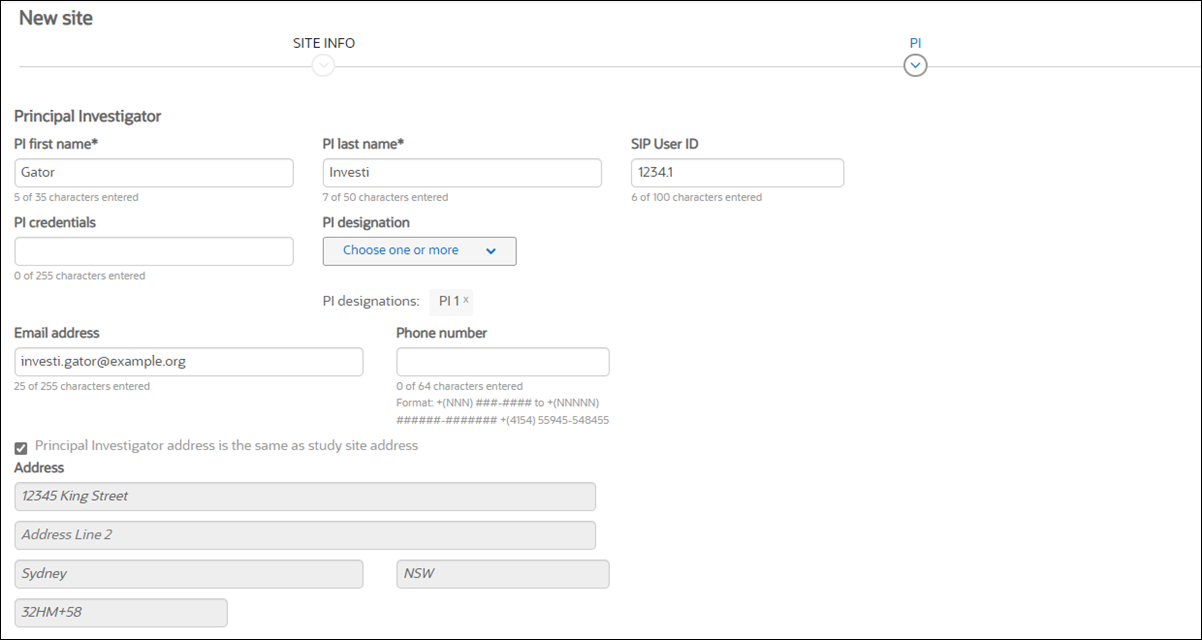 Add new site form – PI