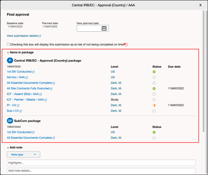 Submission modal with Items in package section