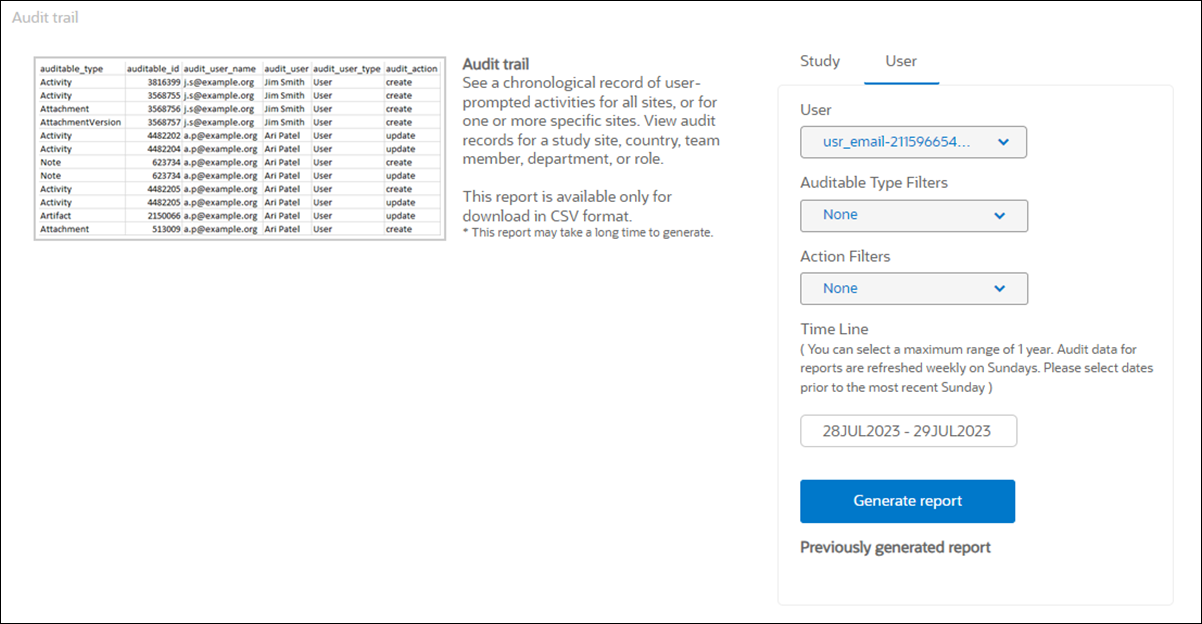 Audit trail report screen showing the Users tab