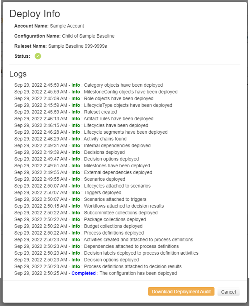 Deploy Info modal