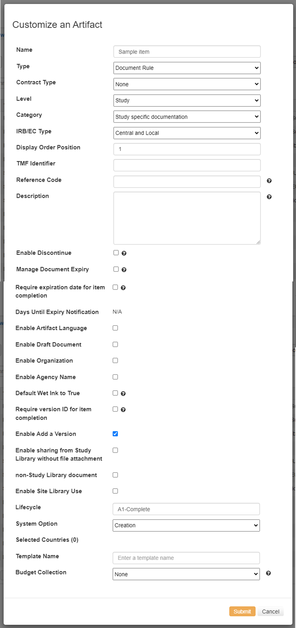 Artifact modal with fields and check box options to customize the item