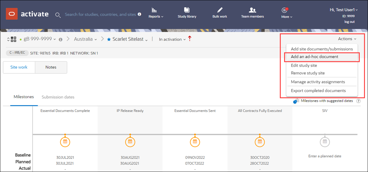 Add an ad hoc document option on the site level Actions menu