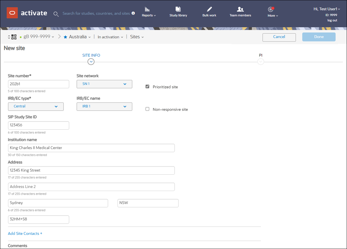 Add new site form – SITE INFO
