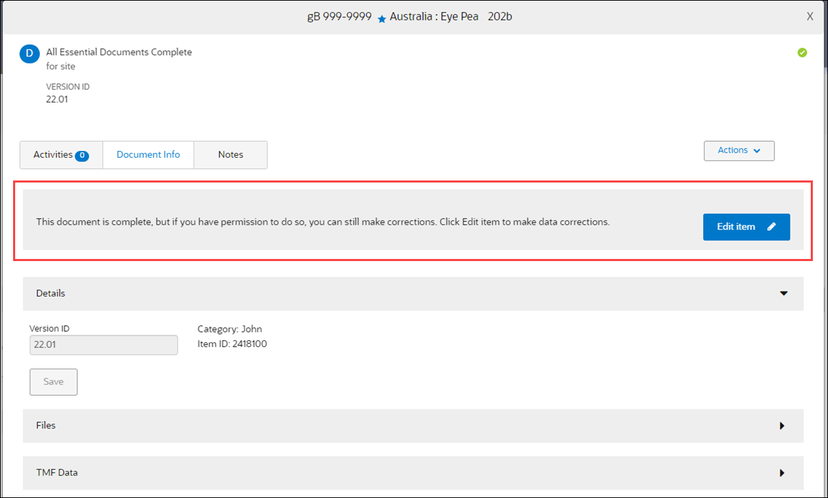Correct metadata after document item completion