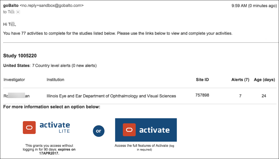 Activity notification with access options