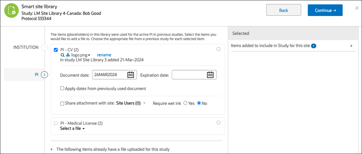Selected PI item in the Smart site library