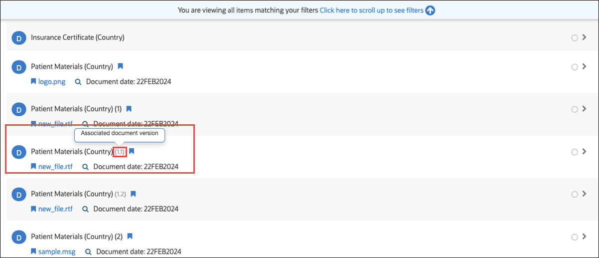 Document list with grouped associated document versions and associated document version tooltip