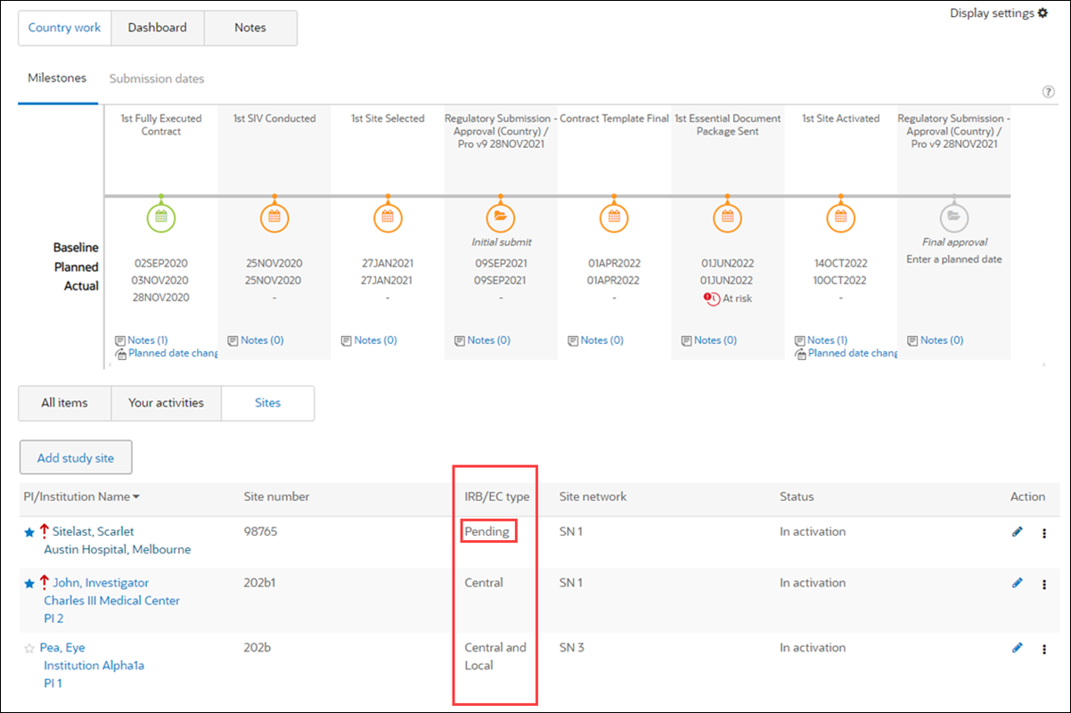 Site list showing Pending status in IRB/EC Type column