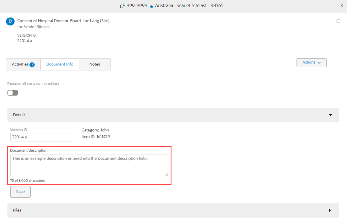 Document description field on Document modal Document info tab