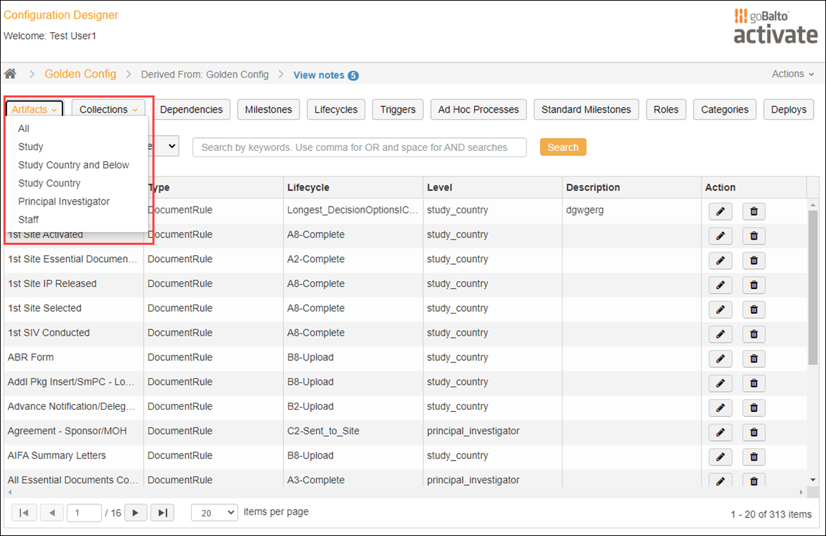 Artifacts drop-down menu