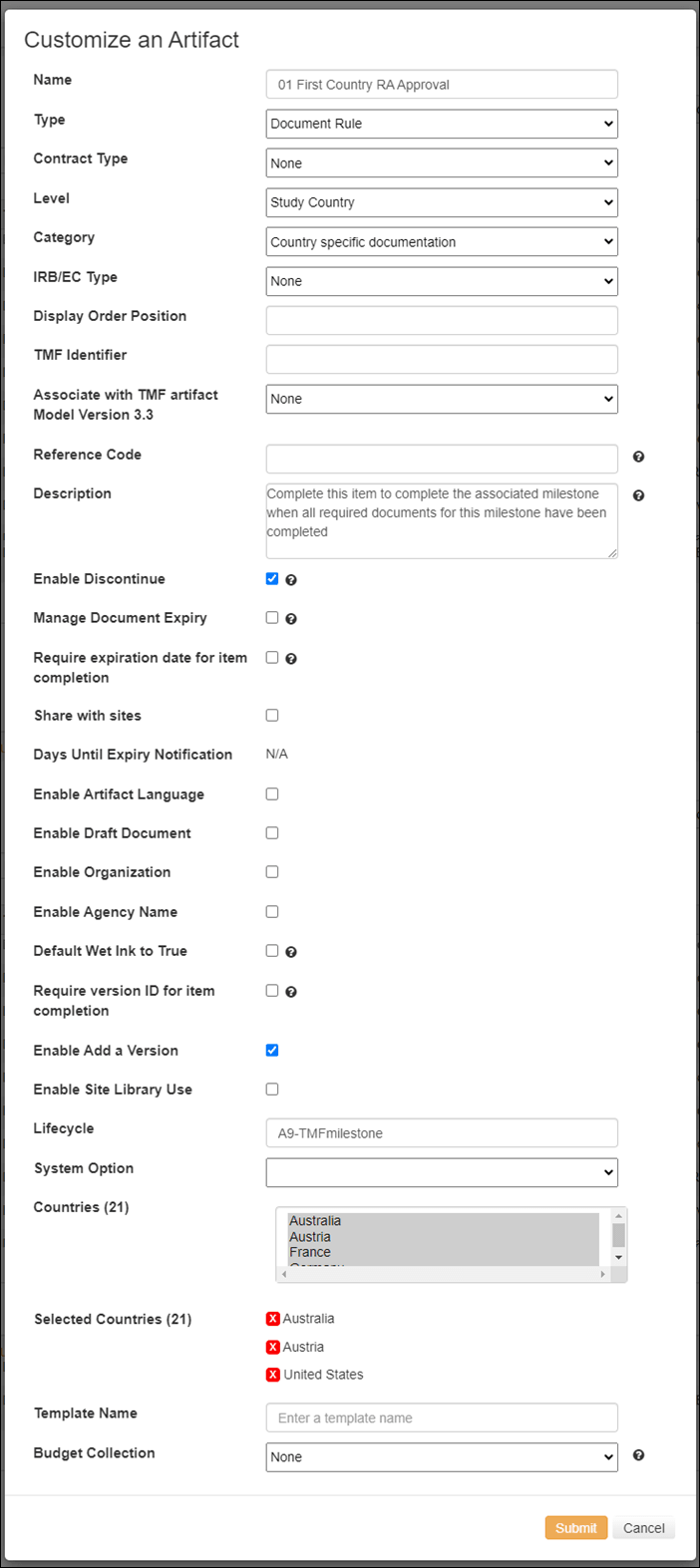 Customize an artifact modal has fields to modify the artifact metadata and behavior