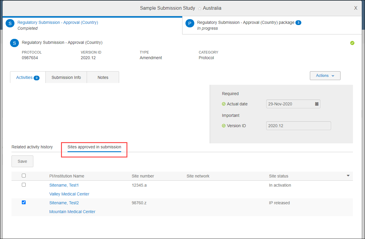Sites approved in submission tab