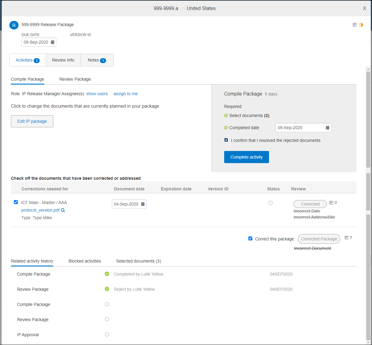 Sample IP package modal showing Compile Package activity