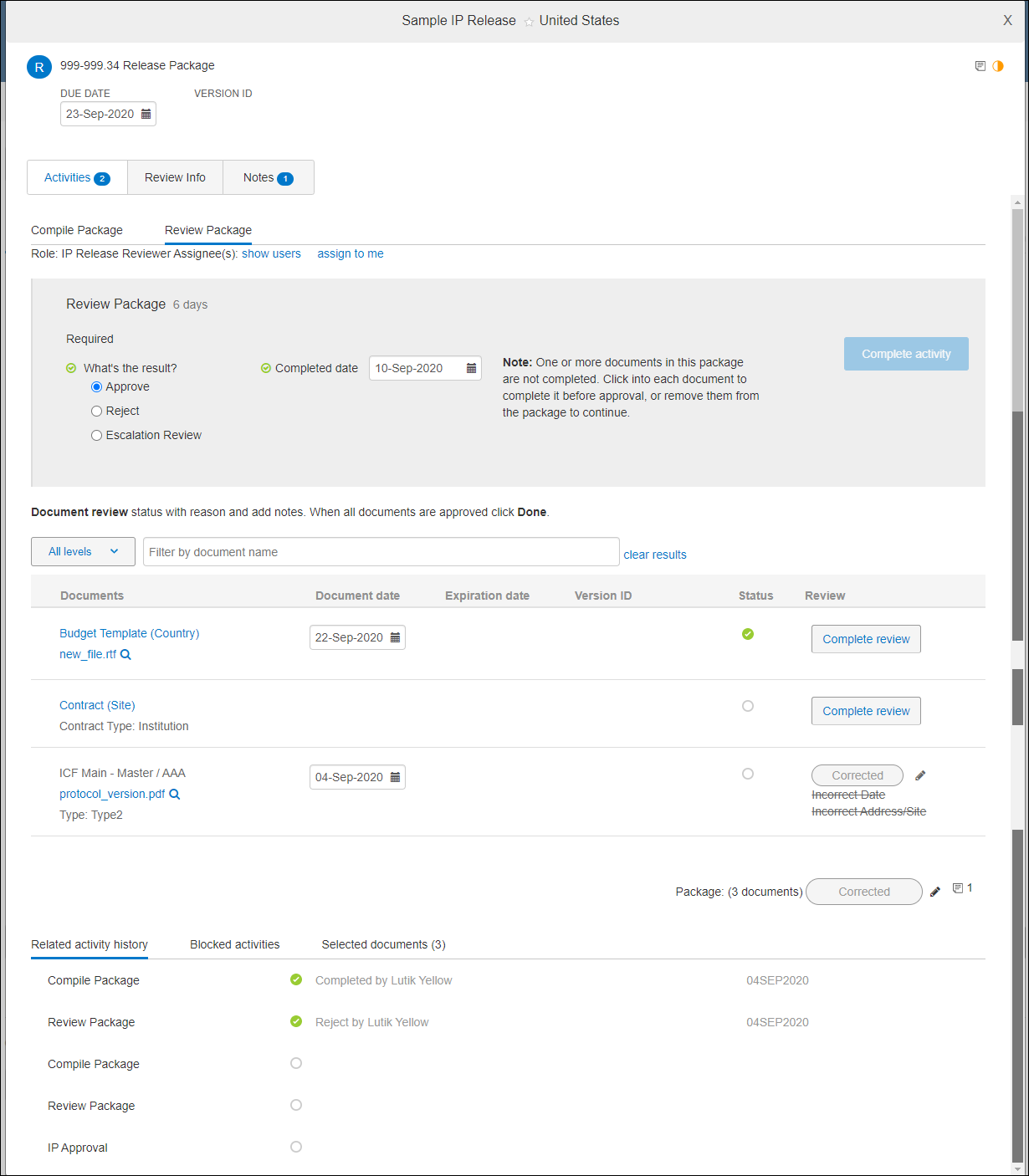 Sample IP package modal showing Review activity