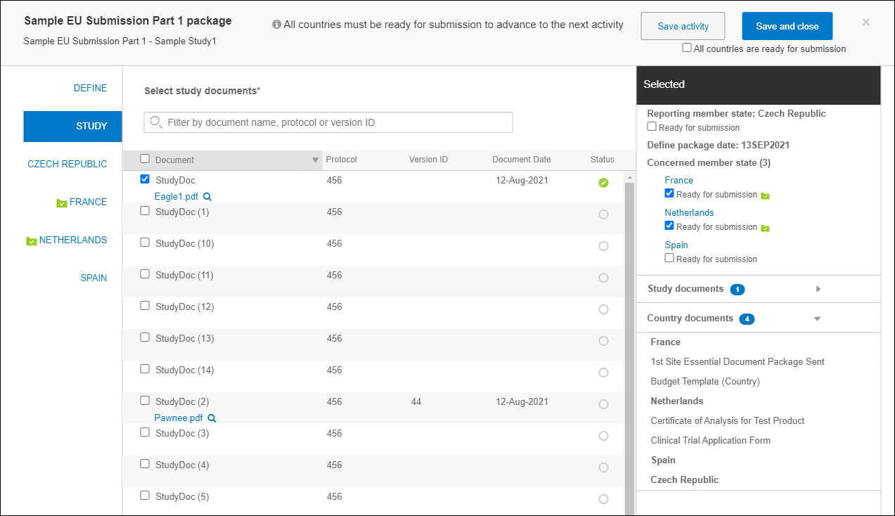 Part 1 submission package definition includes study and country document selection