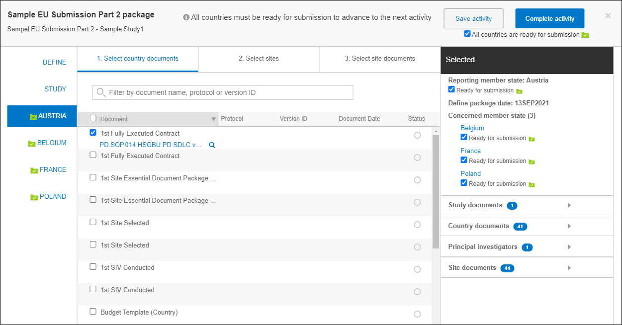 Part 2 submission package definition includes study and country document, site, and site document selection