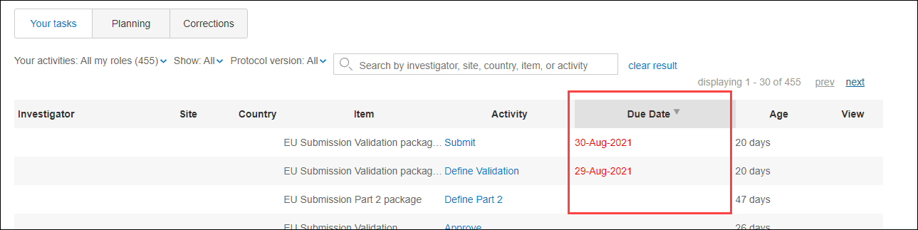 Example of study home page Your task tab that displays the Due Date column