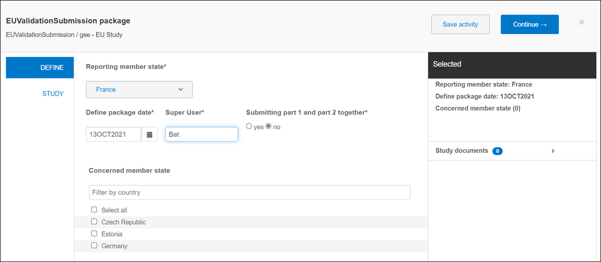 Define Validation Package modal