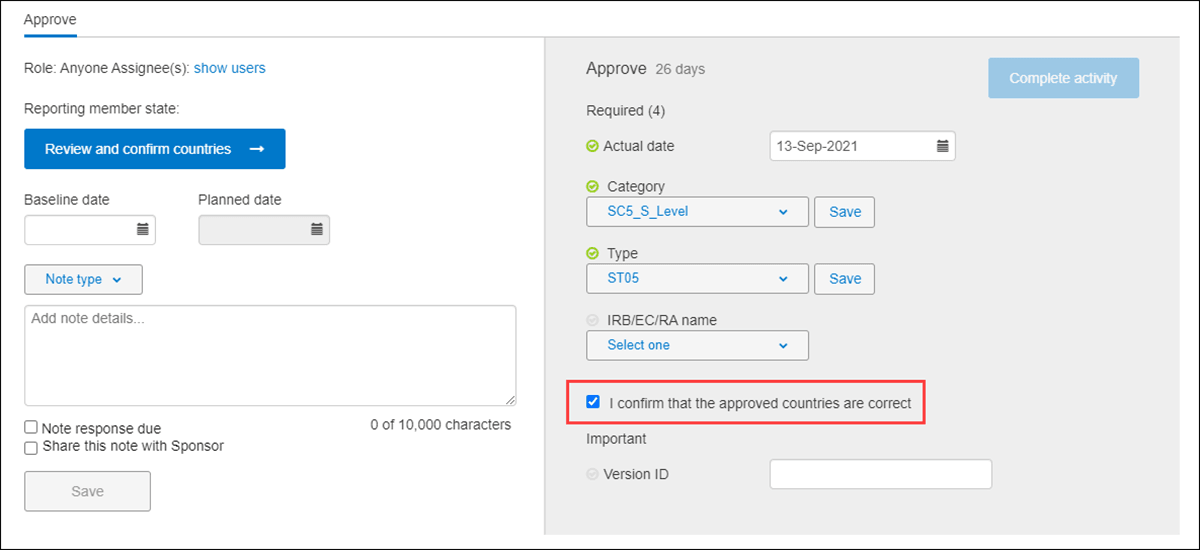 Example of a package Approval activity with checked confirmation and inactive Complete activity button