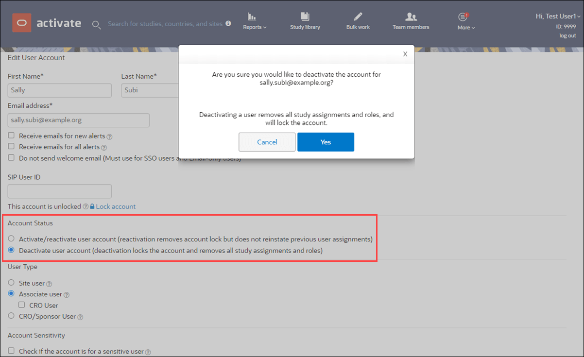 Acknowledge user account deactivation
