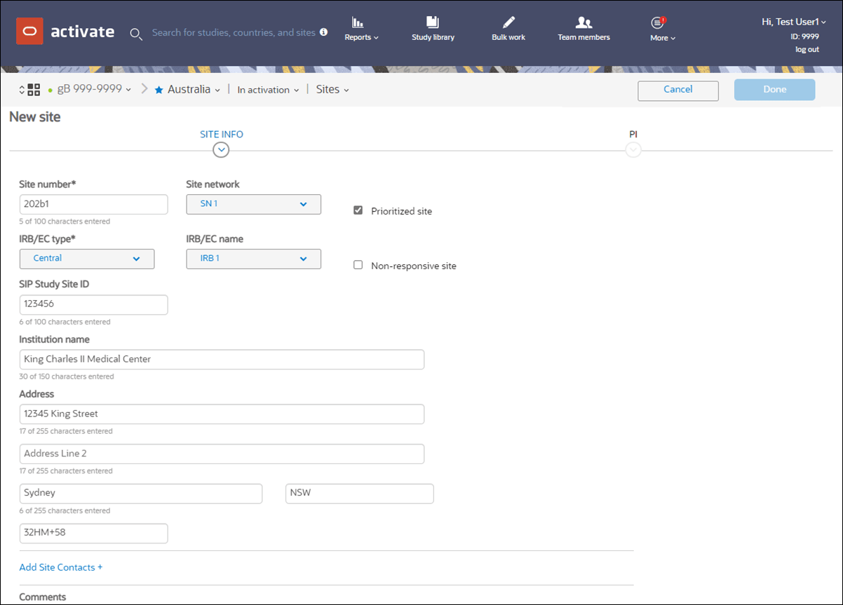 Add new site form – SITE INFO