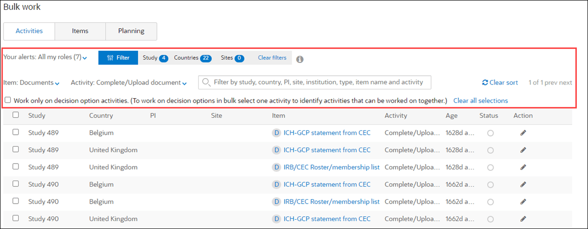 Bulk work Activities tab provides multiple filters