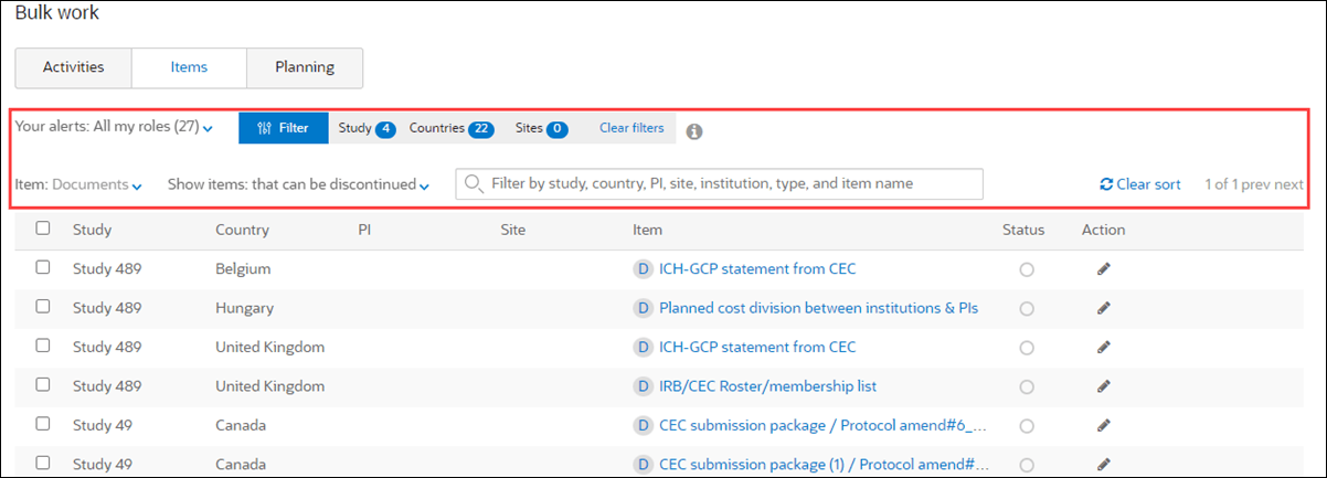Bulk work Items tab provides multiple filters