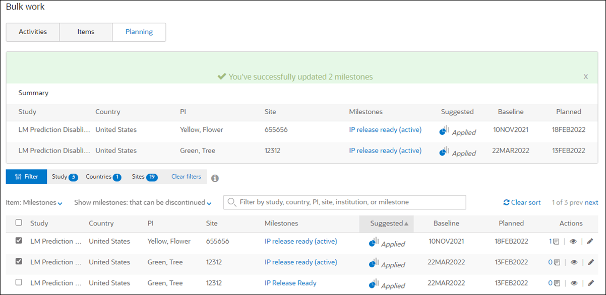 Bulk work Planning view with confirmation banner