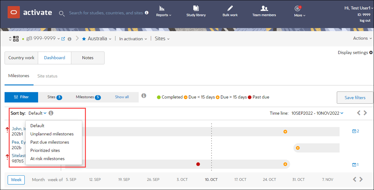 Dashboard showing the Sort by filter