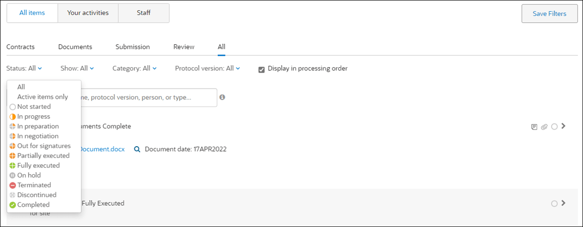 Filter activity placeholders by item status Filter activity placeholders by item status